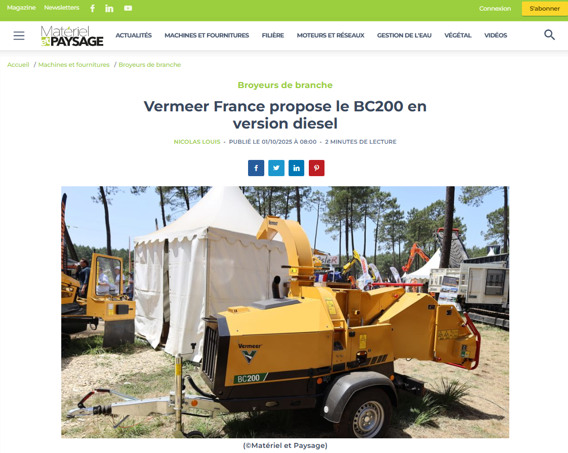 Broyeur de branches Vermeer BC200 en version diesel présenté par Vermeer France, conçu pour les professionnels de l’élagage et des espaces verts.