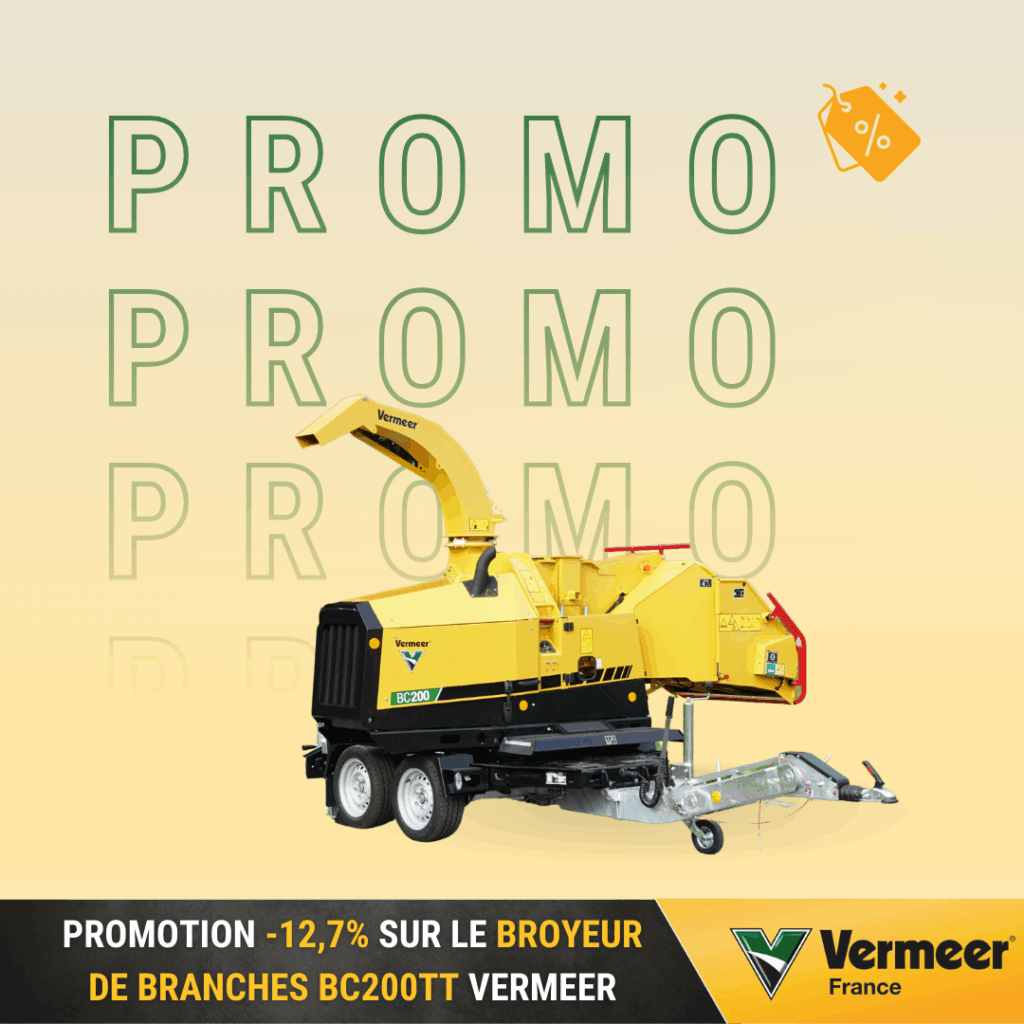 Visuel Vermeer France présentant une promotion de -12,7% sur le broyeur de branches Vermeer BC200TT, avec design sobre sur fond jaune et logo Vermeer France.