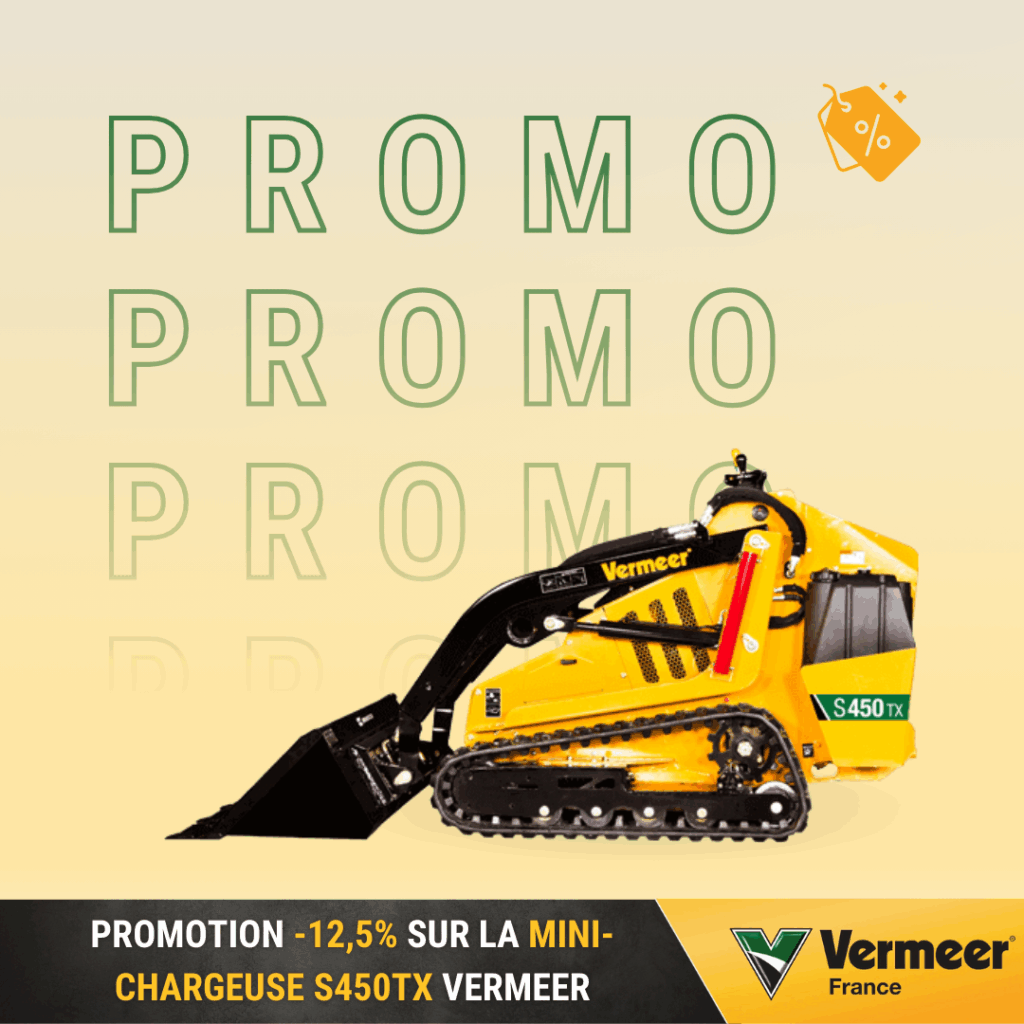 Image Vermeer France mettant en avant une offre promotionnelle de -12,5% sur la mini-chargeuse compacte Vermeer S450TX, fond jaune avec logo Vermeer France.