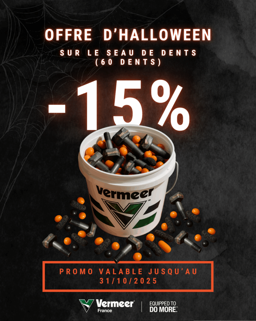 Visuel promotionnel Vermeer France mettant en avant une offre spéciale Halloween avec -15% de remise sur le seau de dents (60 dents), valable jusqu’au 31 octobre 2025.
