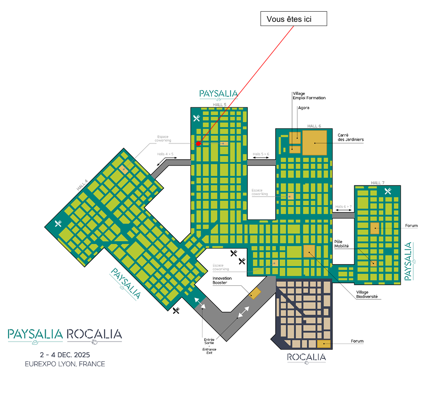 Plan du salon Paysalia/Rocalia – Eurexpo Lyon, 2–4 déc. 2025 : carte des halls (4 à 7) avec un repère « Vous êtes ici » (point rouge et flèche) situé dans le Hall 5 – zone Paysalia.