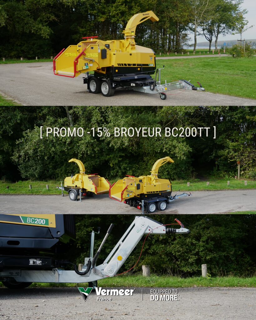 Montage photo d’un broyeur de branches Vermeer BC200TT sur remorque (vues de profil, ensemble et détail de l’attelage), avec le texte « PROMO -15% BROYEUR BC200TT » et les logos Vermeer France, Equipped to Do More.